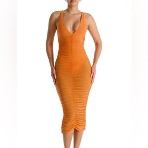 NWT NAKED WARDROBE Power Mesh Ruched Midi Dress